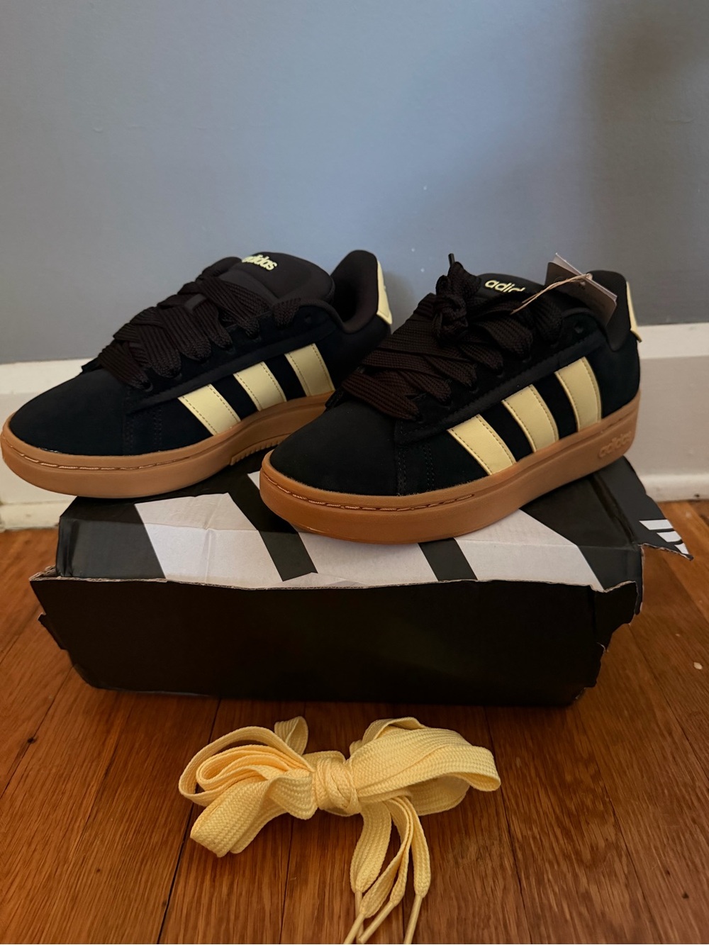 adidas Kids Black and Almond Yellow Grand Court Alpha